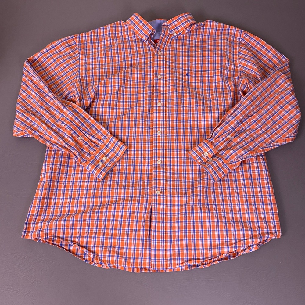 IZOD Button Down Shirt Men's Size XXL Orange Blue Plaid Long Sleeve 100% Cotton